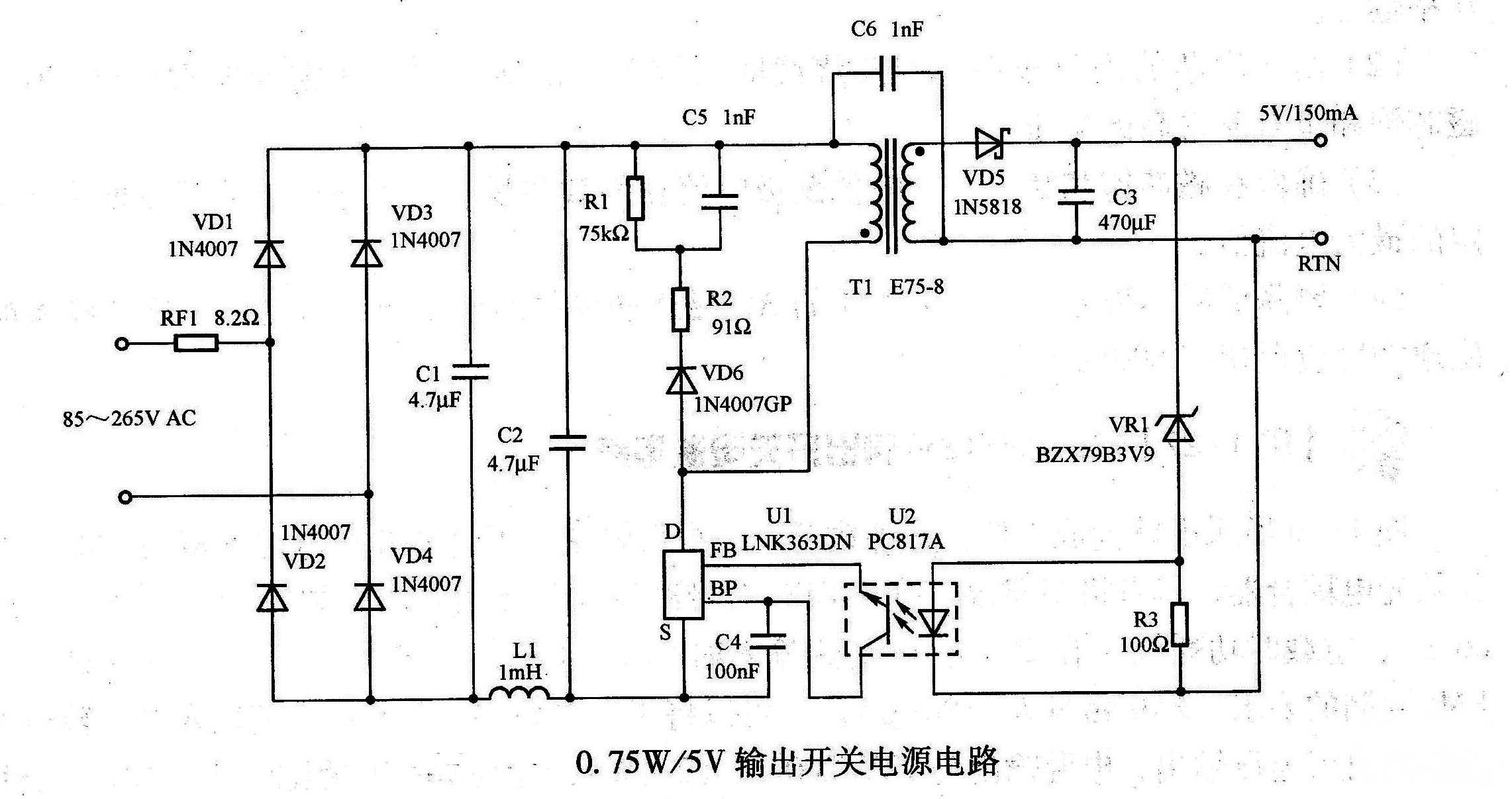 0.75w/5v输出开关电源电路