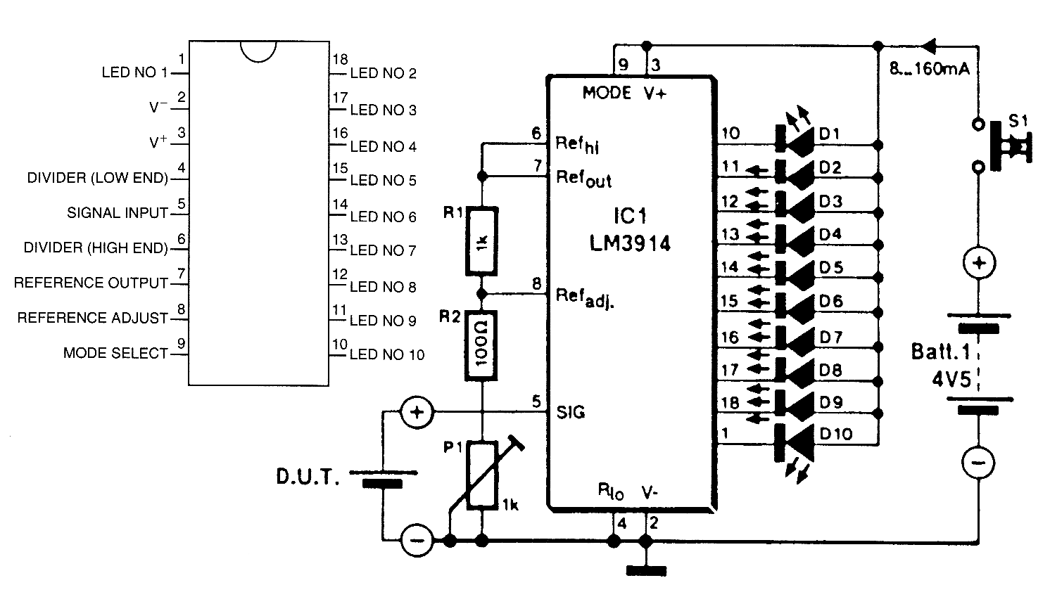 该lm3914a的led光柱用在这里作为一个检测电池的电压表.