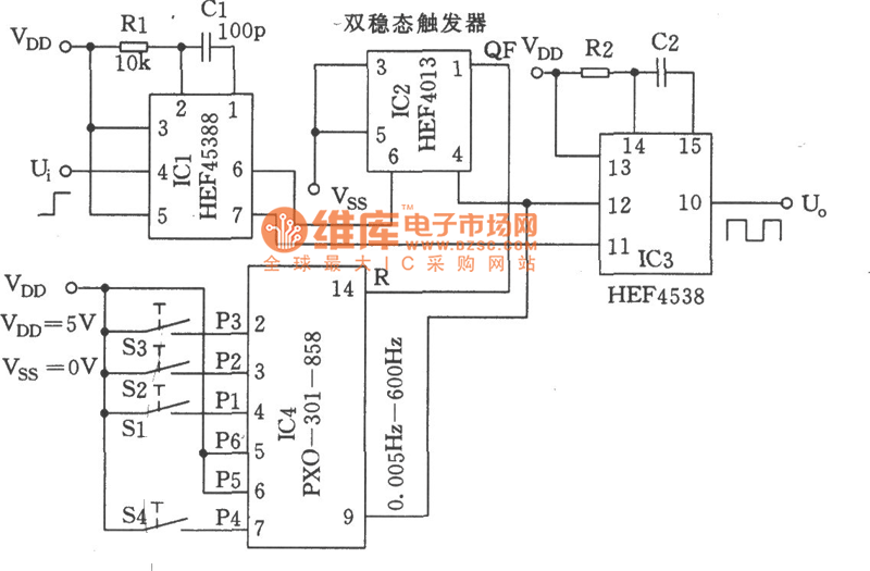 双脉冲发生器(hef4538)电路图脉冲信号产生器 电路图