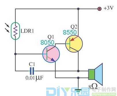 简单的光控报警器,通过光敏电阻与