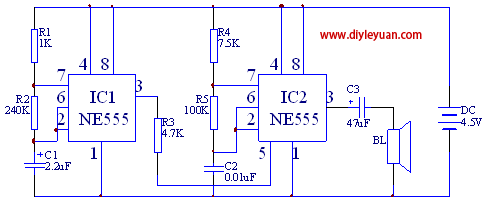 ic1组成一个低频振荡器,ic2组成一个高频振荡器.