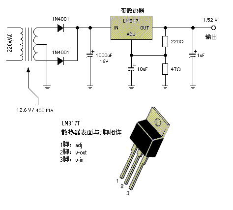 这里介绍一个用lm317t做的1.5v的电源电路供您参考.