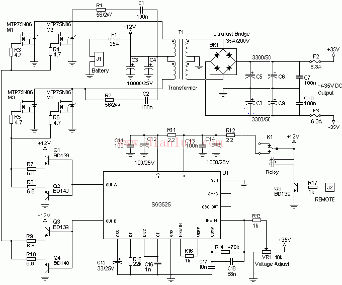 基于12转正负35v汽车音响逆变电源电路图