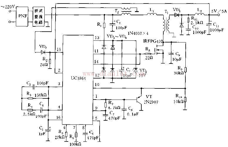 基于uc1864芯片设计开关电源实例电路