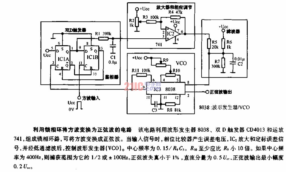 锁相环将方波转换为正弦波电路图