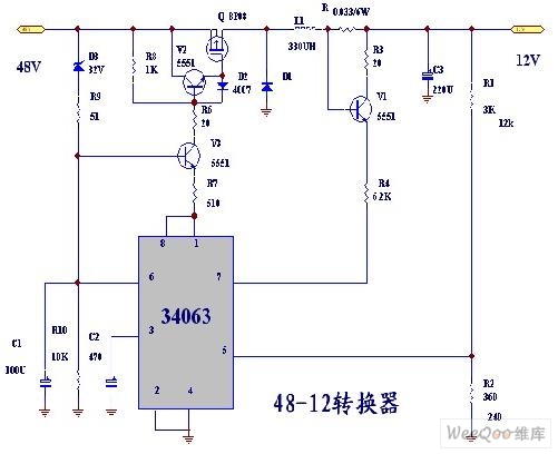 48v输入12v输出的直流降压电路图