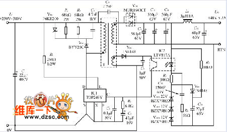 top249y构成的dcdc变换式250w开关电源电路图