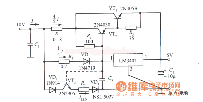 lm340t集成稳压器构成的5a稳压电源电路给ttl集成电路供电电路图