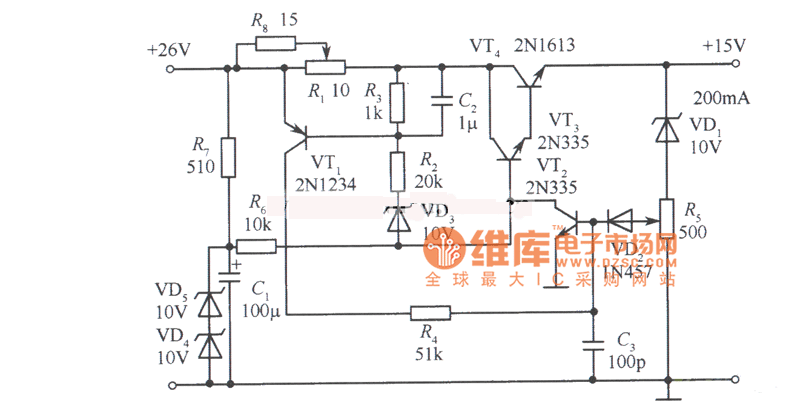 保护电流可调的15v稳压电源电路图