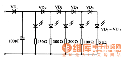 无源发光二极管输出电平指示电路图