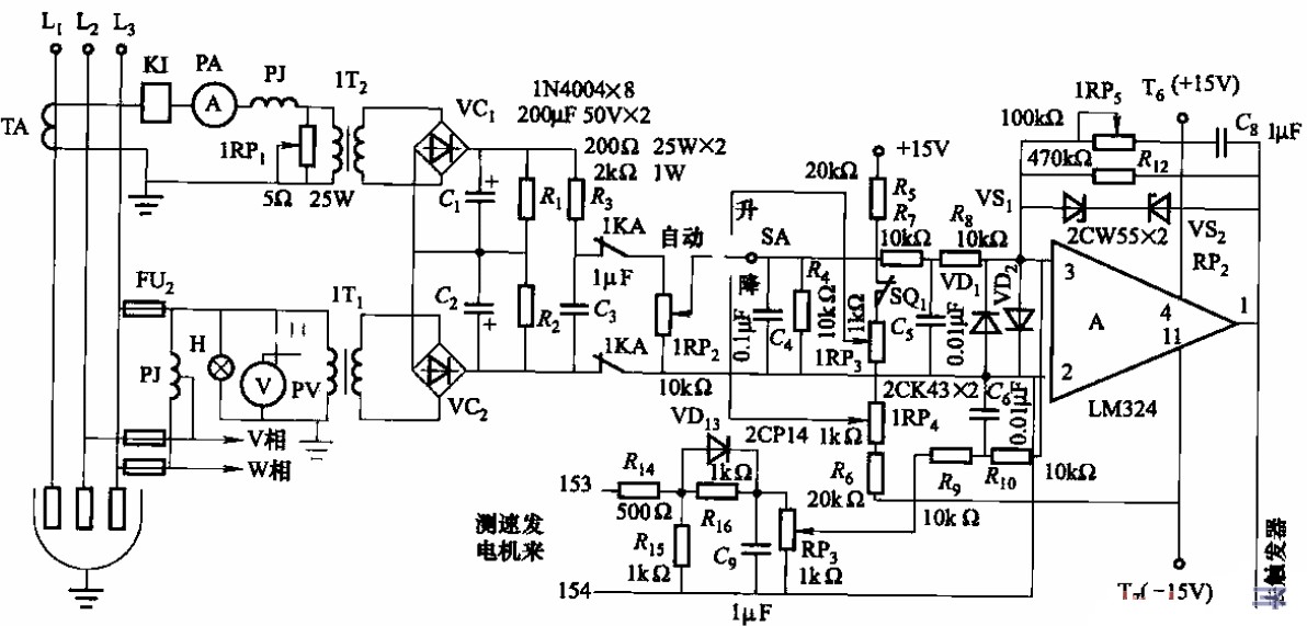 摘要:如下图所示为一款力矩电机式调节器电路.电路中的调速触发器采用