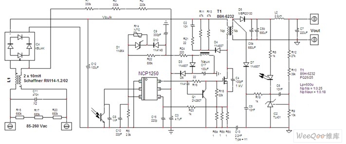 图4(a):基于ncp1250的19v/65w适配器电路图