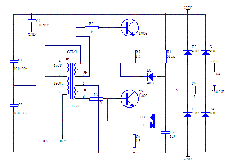 交流220v:灯管发光长度2米放大电路图                       13003