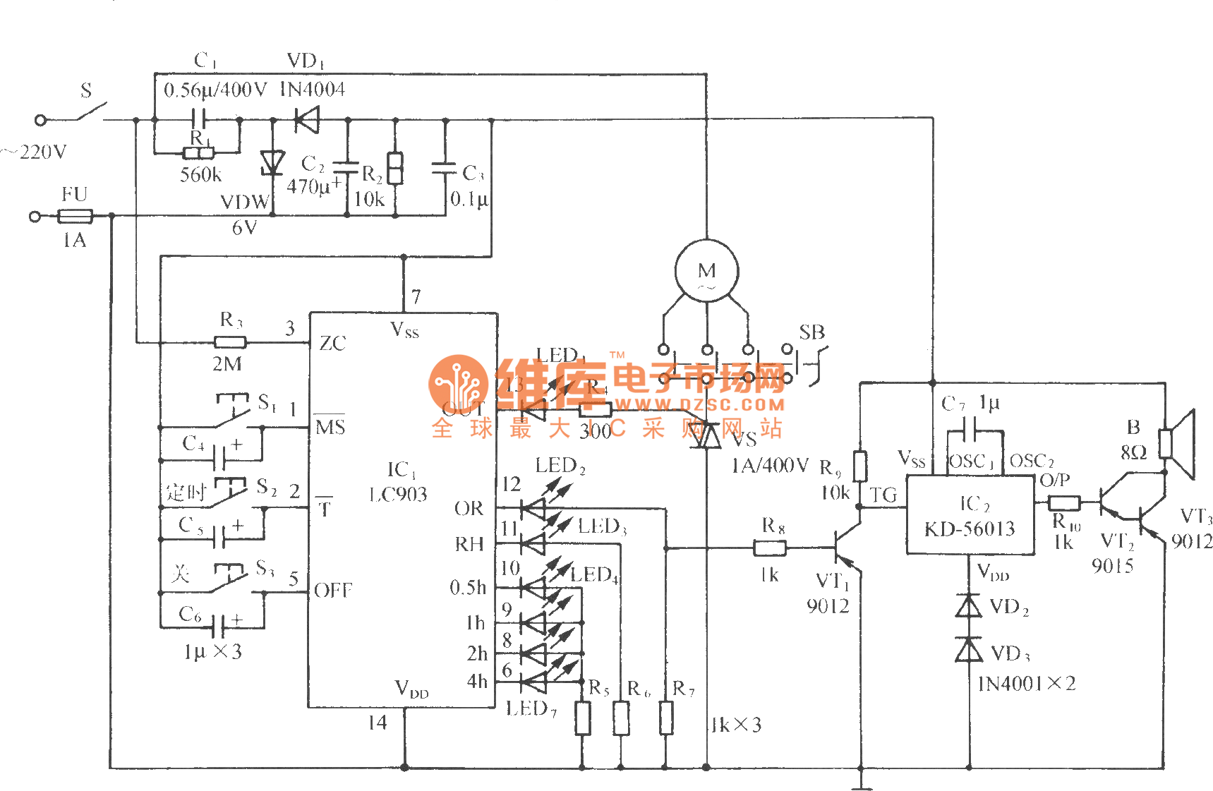 用lc903的多功能电风扇伴蛙鸣声控制电路控制电路