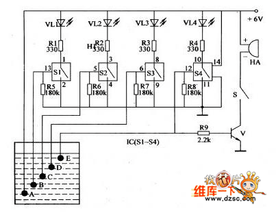 电路工作原理本例介绍的水位指示器,能适时显示出水箱的水位,还能在注