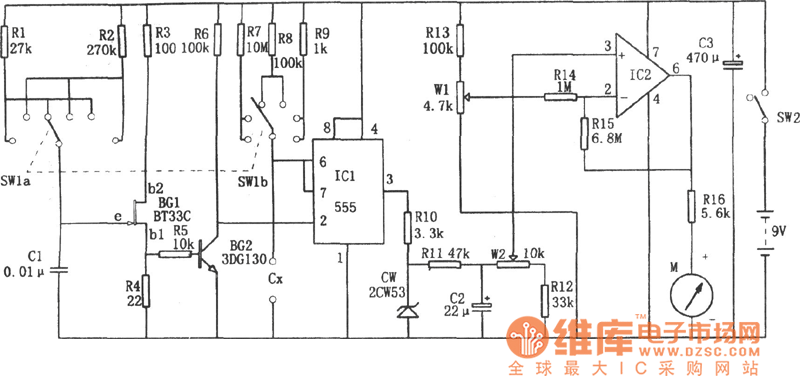 555构成的直流式电容测试仪电路图