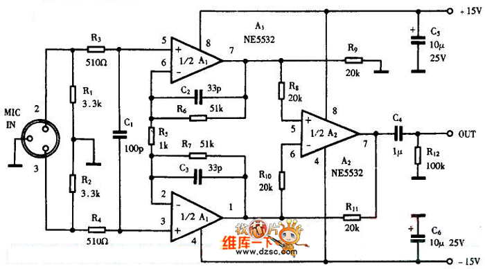 巧用ne5532作平衡输入话筒放大器电路图