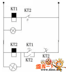 一种通电时间继电器两灯循环控制电路图