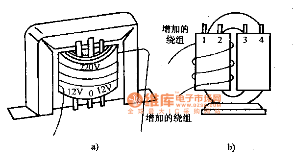 在变压器铁心中穿绕绕组方法 a)e字形 b)c字形