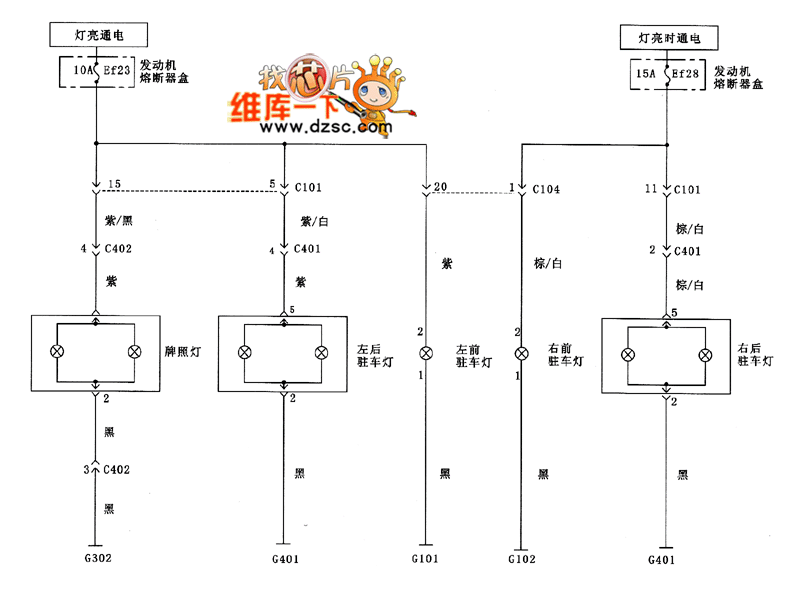 上海凯越驻车灯,尾灯和牌照灯电路图