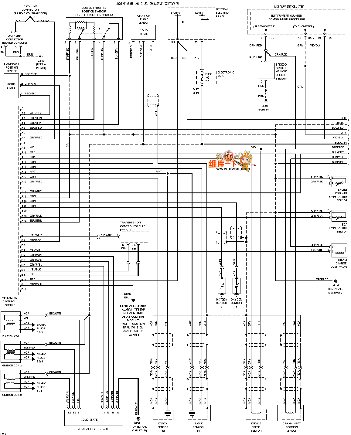 1997奥迪a628l发动机性能电路图