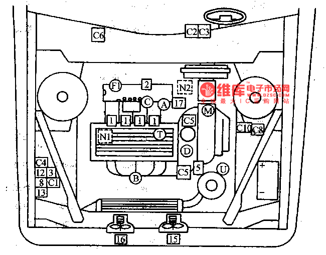 u一空调制冷剂压力传感器  □控制装置:1一喷油器;2一怠速控制马达;3