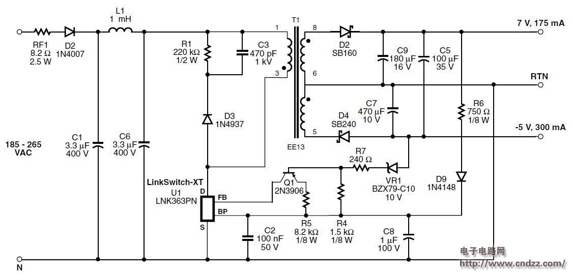 采用lnk363pn设计的2.7 w双输出非隔离电源电路