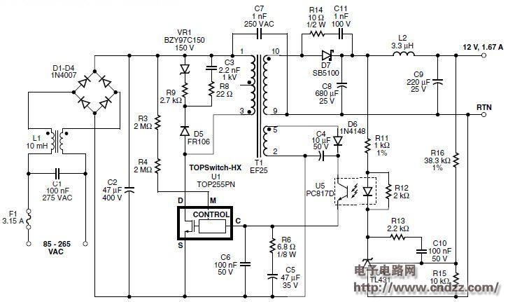 使用top255pn设计的无负载功耗20w电源适配器附电路图物料清单规格