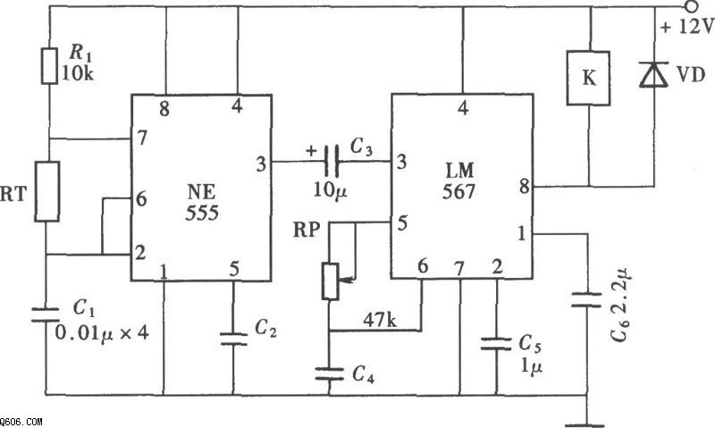 lm7,ne555组成的温频转换式温控器电路图