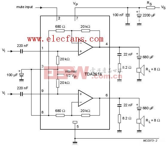 tda2616功放电路图-应用电路-单电源功放电路