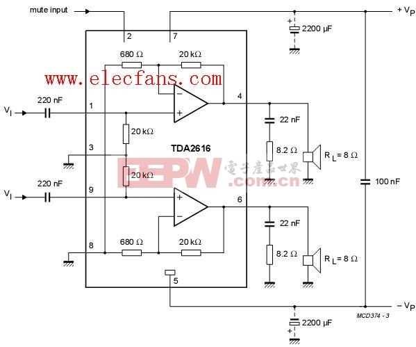 tda2616功放电路图-应用电路-单电源功放电路