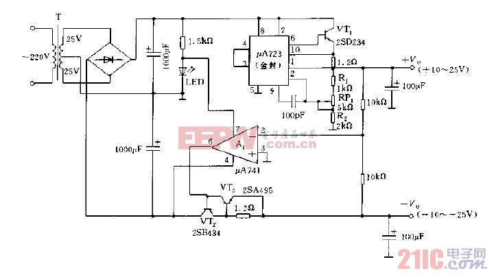采用μa723构成的带保护的跟踪可调稳压电源电路图