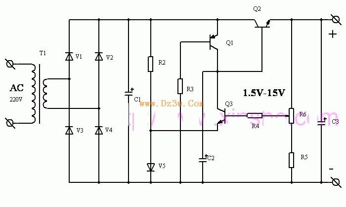 分立元器件组成的1.5v-15v可调直流稳压电源电路图