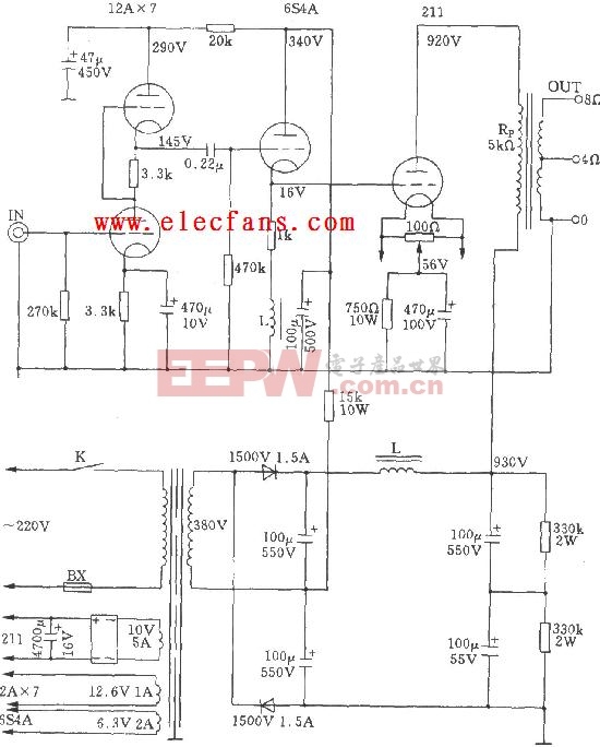 电子管单端a类211功放电路