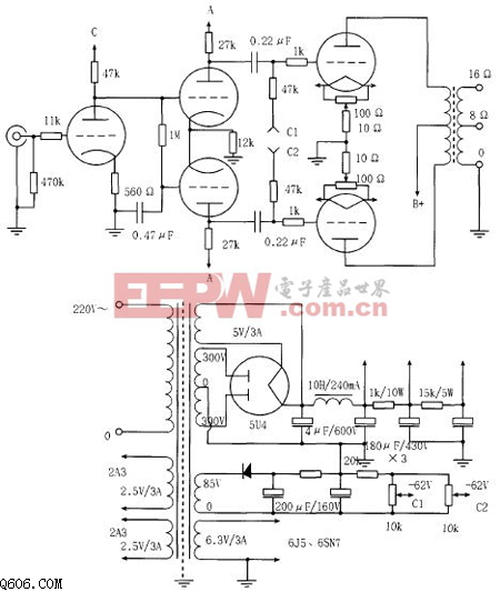 倒相式2a3p(2a3pp-15w)胆机电路图