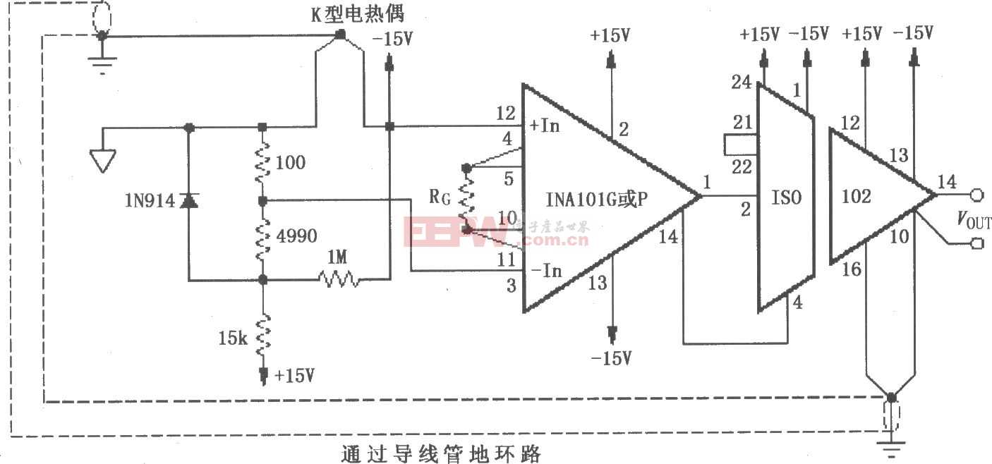 环路消除冷端补偿和高端熄灭的热电偶放大电路图iso102ina101