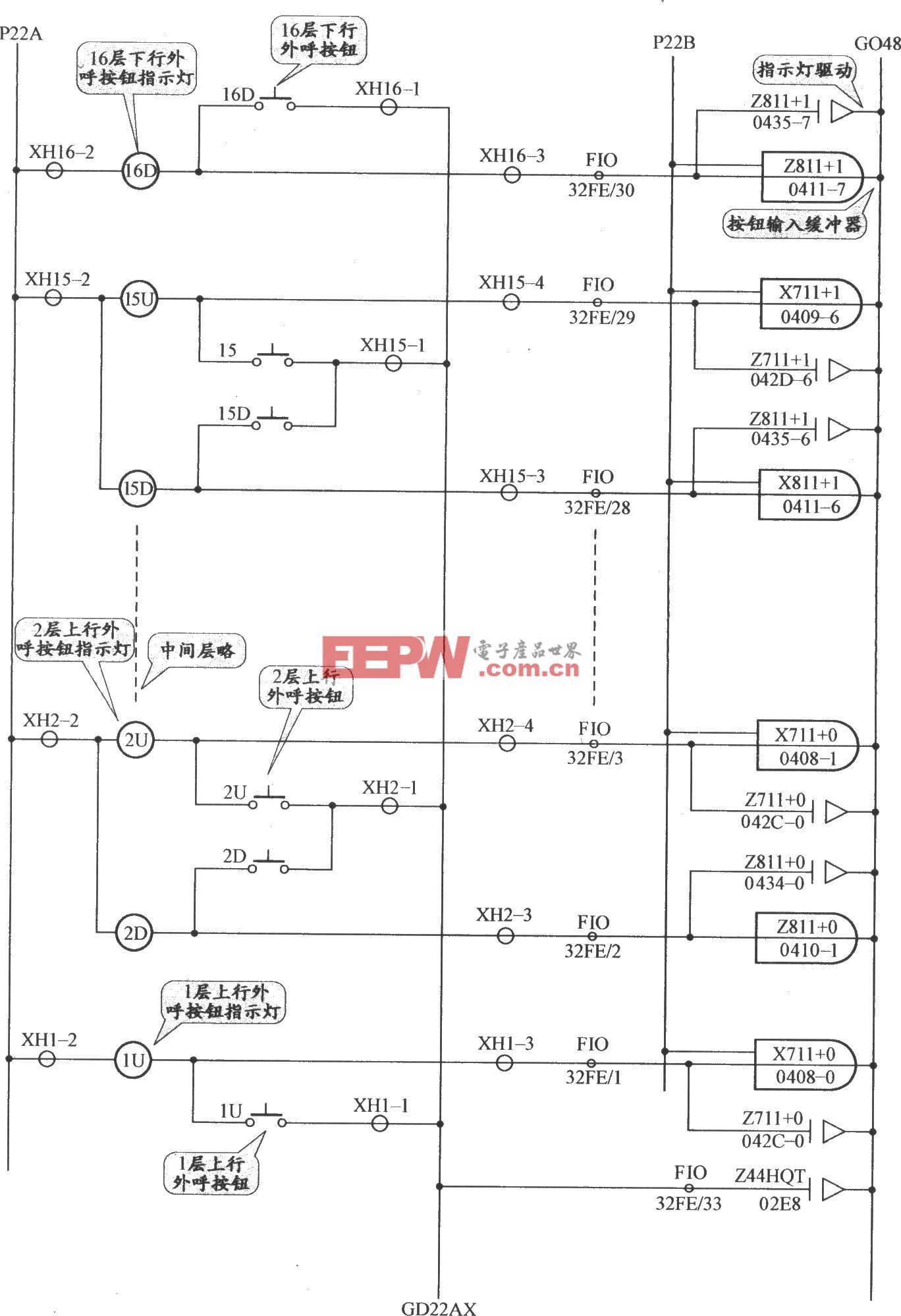 日立ypvf电梯单台外呼按钮与指示灯电路