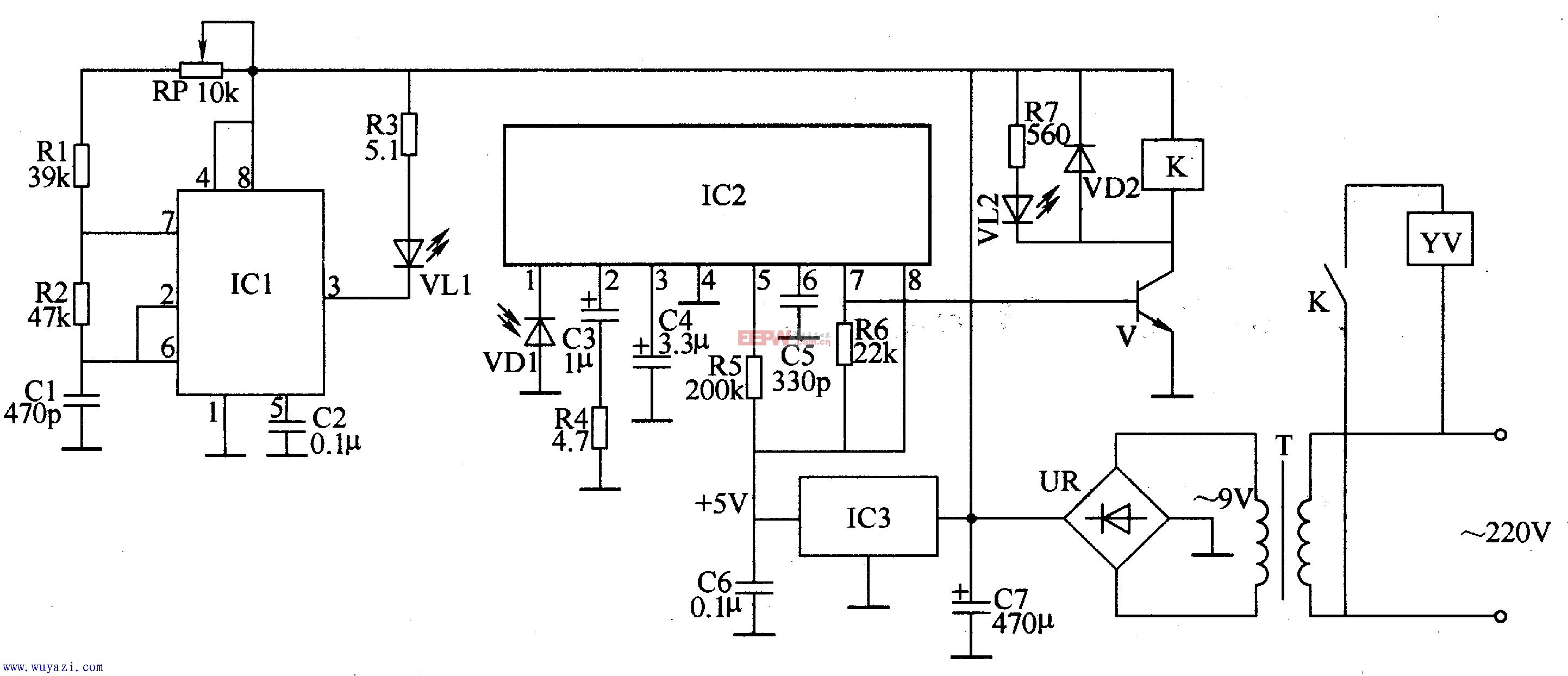 红外接收电路由红外线接收放大集成电路ic2,光敏二极管vdl,屯阻器