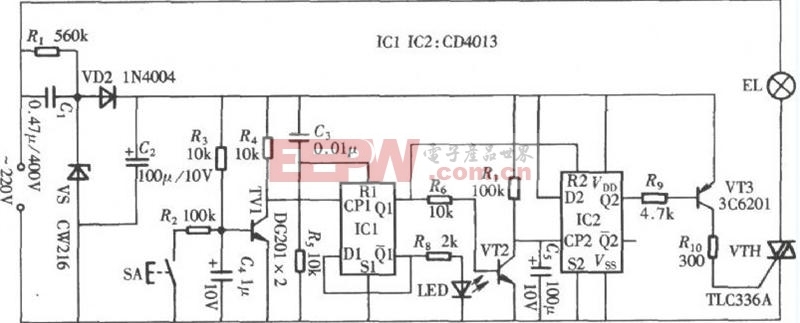 基于cd4013组成的轻触式延时开关电路图