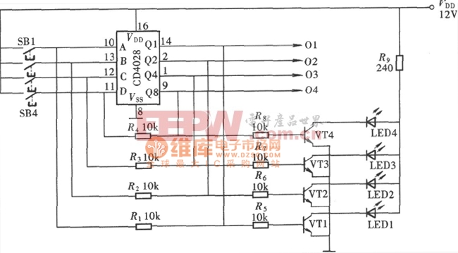 四路互锁开关控制器(cd4028)电路图