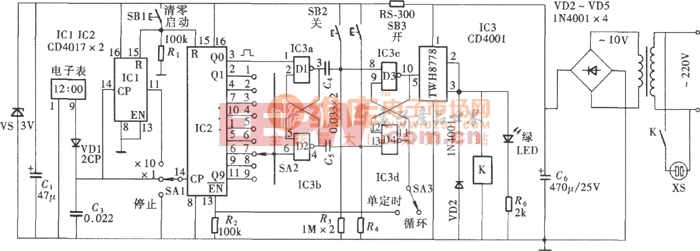 可调式可循环定时控制器(cd4001,cd4017)电路图
