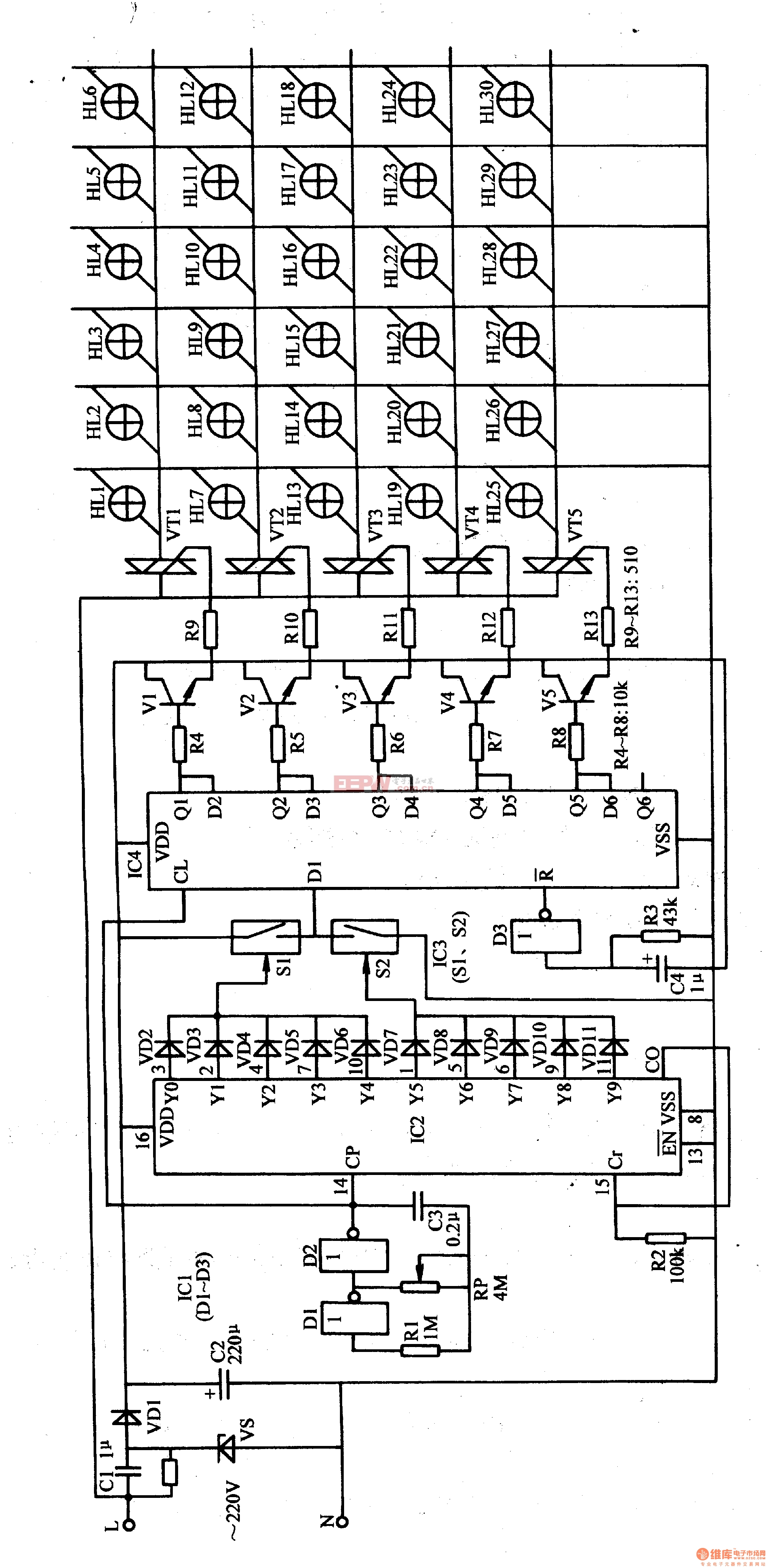 电路工作原理 该彩灯控制器电路由电源电路,多谐振荡器,脉冲控制