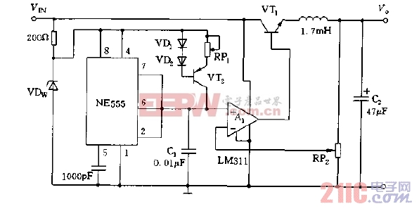 ne555构成的脉宽调制式开关稳压电源电路图