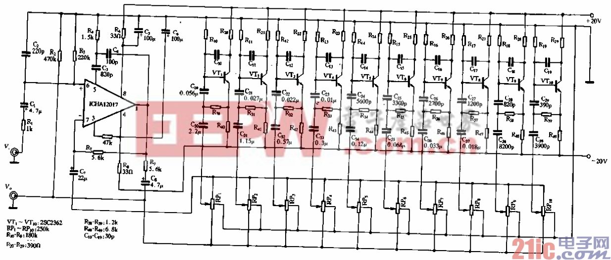 图1—97是用第一种接法组成的十段均衡器电路.