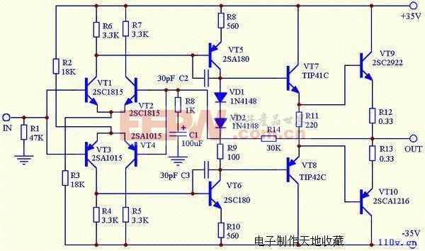 这个电路听说是日本某功放的电路图,可以做100w输出,电路简单,无需