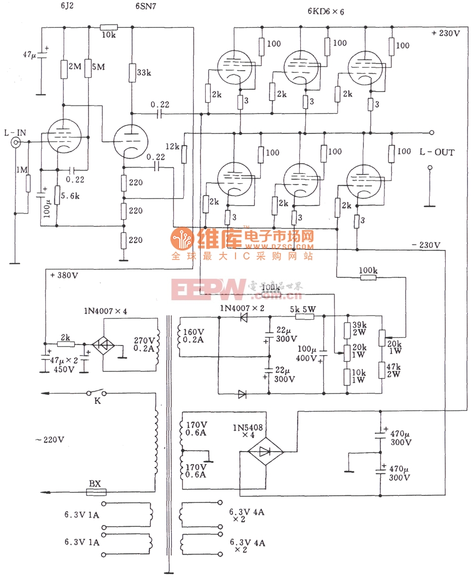 普通功率电子管改三极管接法的0tl功放电路图