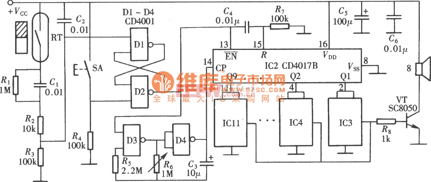 多乐曲音乐门铃(cd4001,cd4017b)电路图