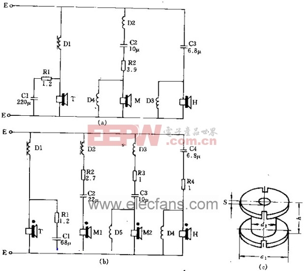 高保真扬声器用3路和4路分频器电路图