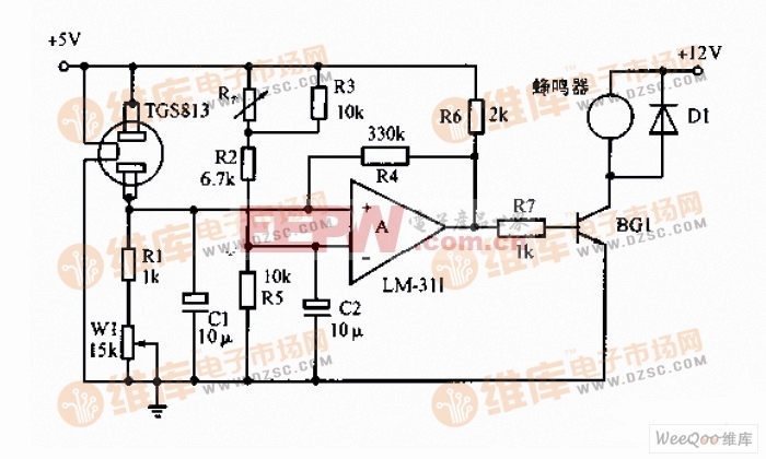 具有温度补偿的气体报警器电路图