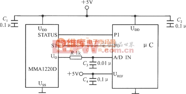 单片加速度传感器mma1220d与单片机的接口电路图